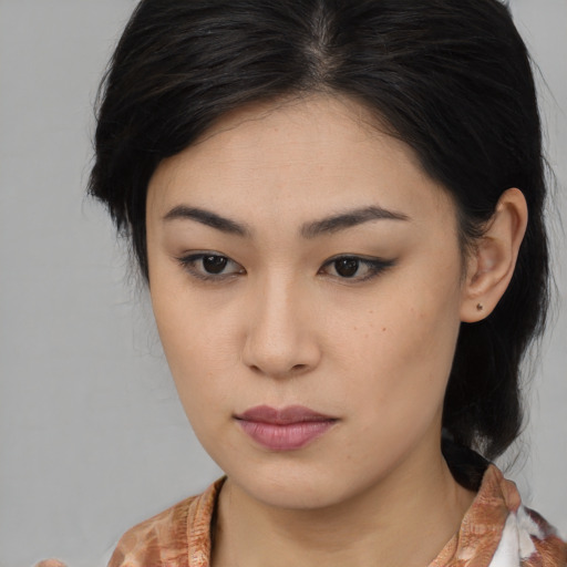 Neutral asian young-adult female with medium  brown hair and brown eyes