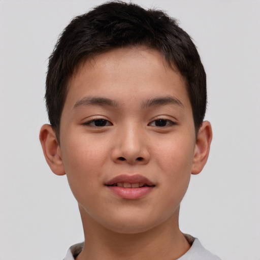 Joyful white child male with short  brown hair and brown eyes