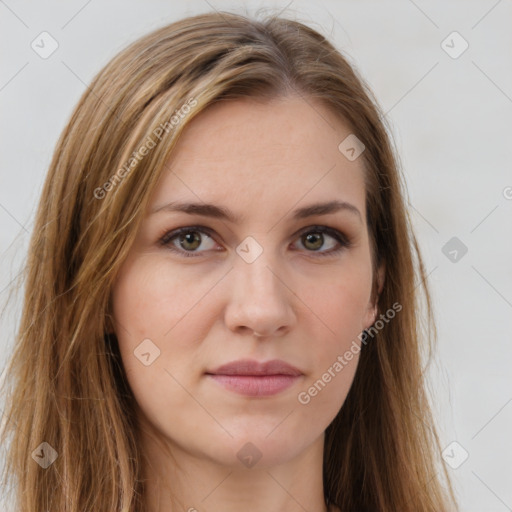 Neutral white young-adult female with long  brown hair and brown eyes