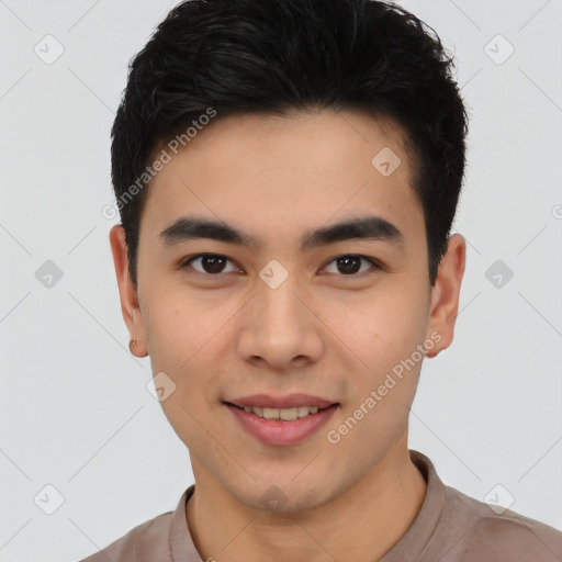 Joyful latino young-adult male with short  brown hair and brown eyes