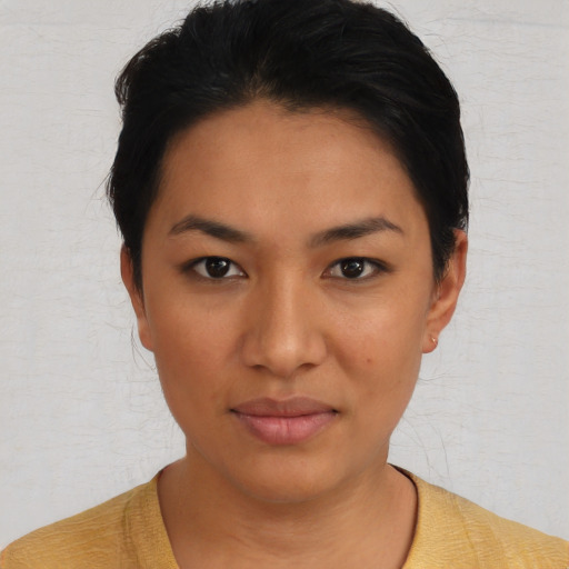 Neutral asian young-adult female with short  black hair and brown eyes