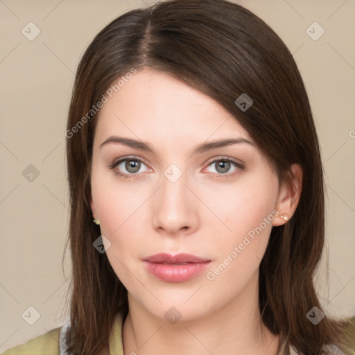 Neutral white young-adult female with medium  brown hair and brown eyes