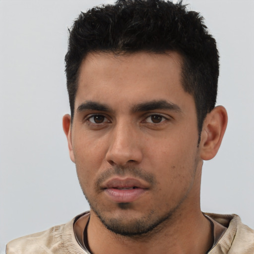 Neutral latino young-adult male with short  black hair and brown eyes