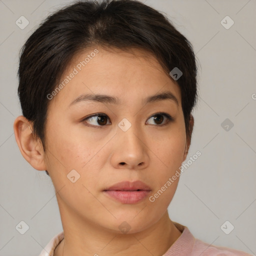 Neutral asian young-adult female with short  brown hair and brown eyes