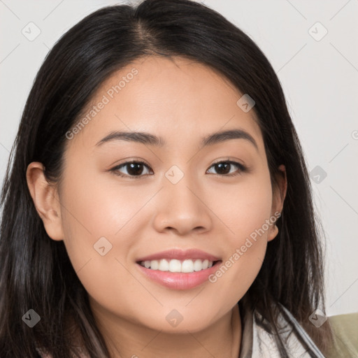 Joyful white young-adult female with long  brown hair and brown eyes