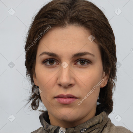 Neutral white young-adult female with medium  brown hair and brown eyes