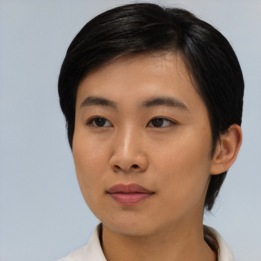 Neutral asian young-adult female with short  black hair and brown eyes