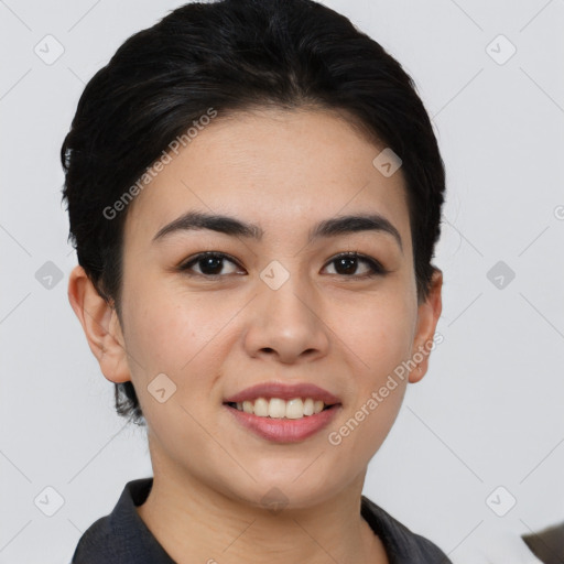 Joyful asian young-adult female with short  brown hair and brown eyes