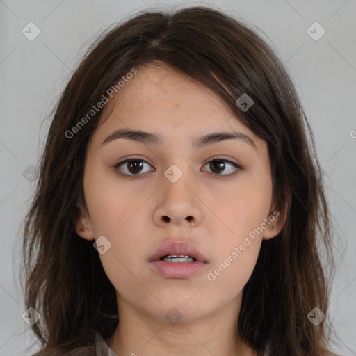 Neutral white young-adult female with long  brown hair and brown eyes