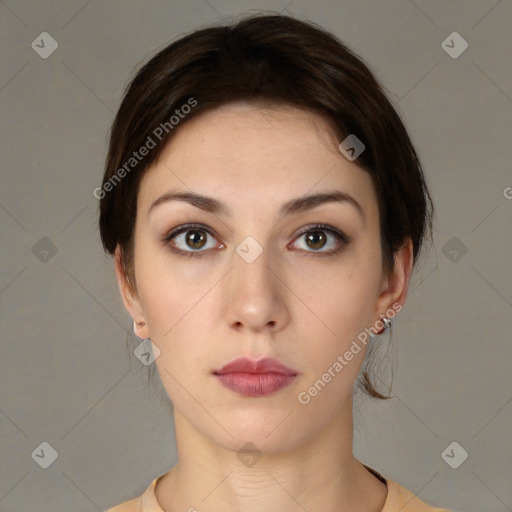 Neutral white young-adult female with medium  brown hair and brown eyes