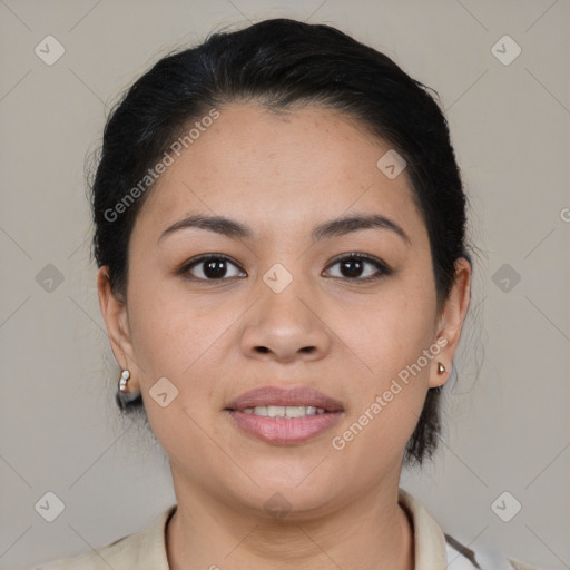 Joyful asian young-adult female with medium  black hair and brown eyes