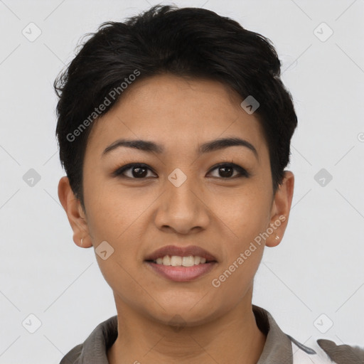 Joyful asian young-adult female with short  black hair and brown eyes