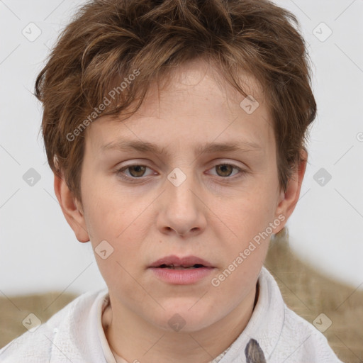 Neutral white young-adult female with short  brown hair and brown eyes