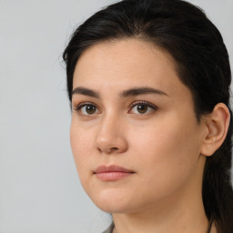 Neutral white young-adult female with medium  brown hair and brown eyes