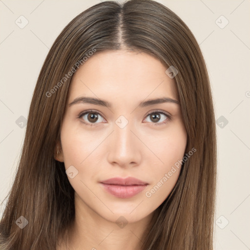 Neutral white young-adult female with long  brown hair and brown eyes