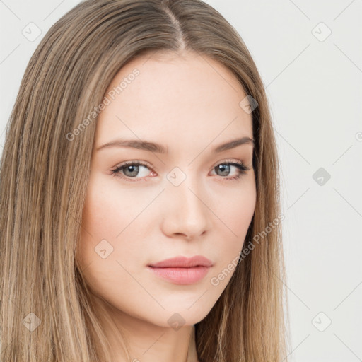 Neutral white young-adult female with long  brown hair and brown eyes