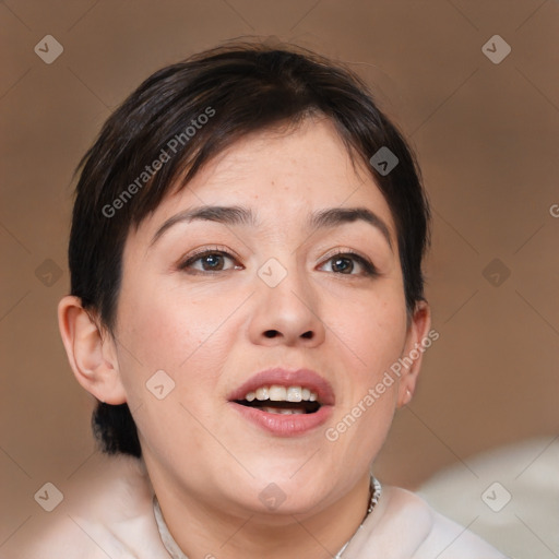 Joyful white young-adult female with medium  brown hair and brown eyes