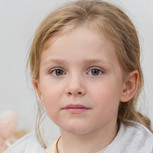 Neutral white child female with medium  brown hair and blue eyes