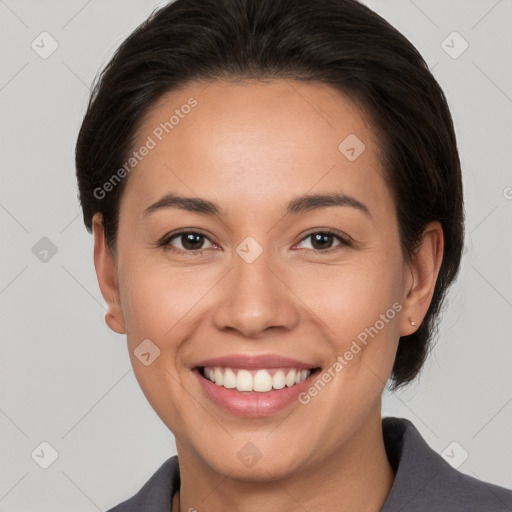 Joyful white young-adult female with medium  brown hair and brown eyes