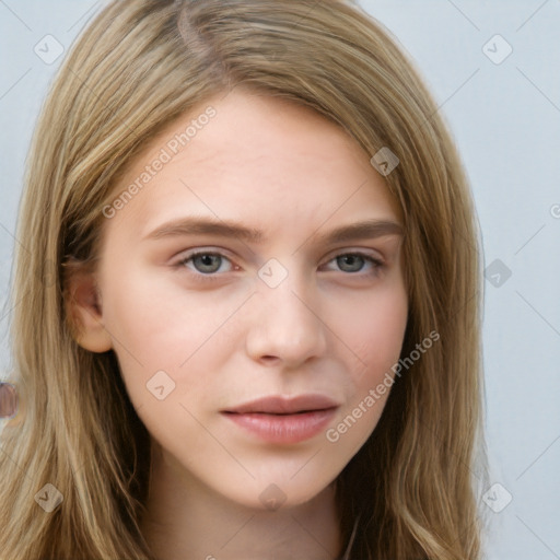 Neutral white young-adult female with long  brown hair and brown eyes