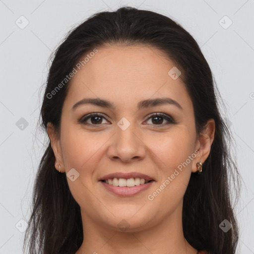 Joyful white young-adult female with long  brown hair and brown eyes