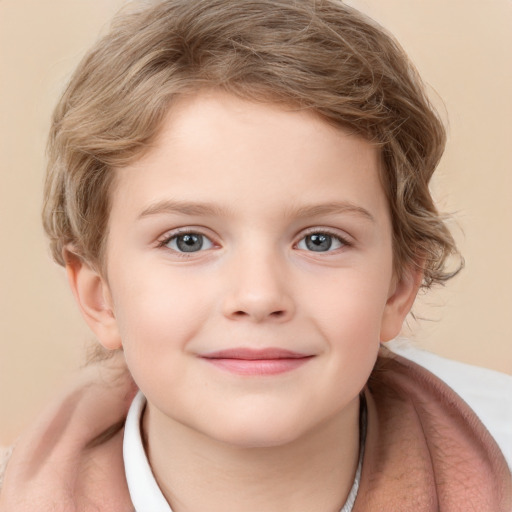 Joyful white child female with medium  brown hair and grey eyes