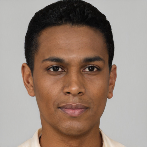 Neutral black young-adult male with short  black hair and brown eyes