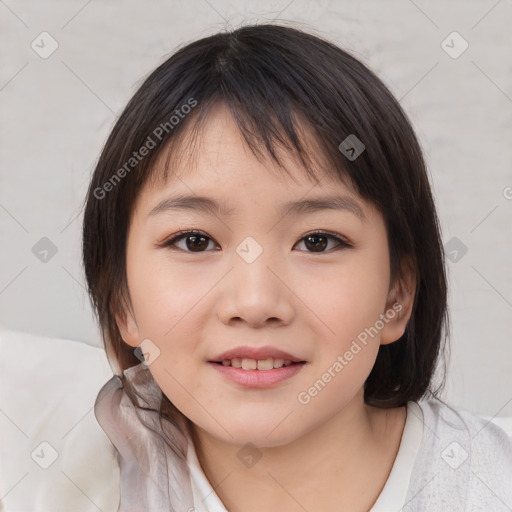 Joyful white child female with medium  brown hair and brown eyes