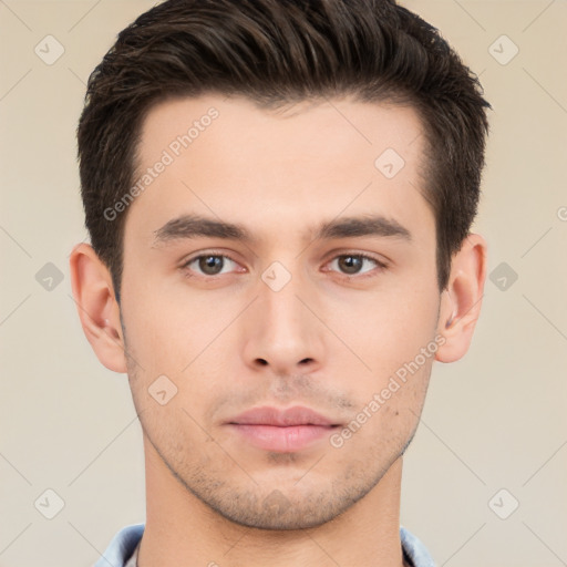 Neutral white young-adult male with short  brown hair and brown eyes