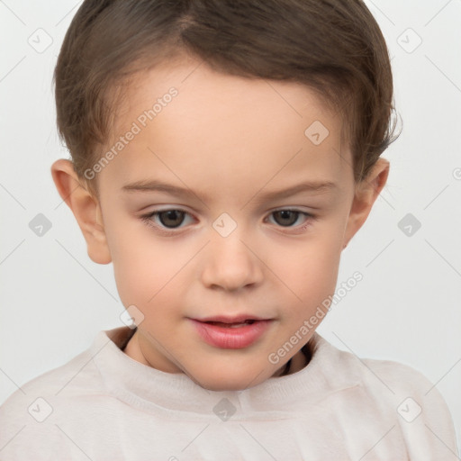 Joyful white child female with short  brown hair and brown eyes