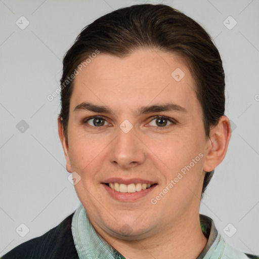 Joyful white young-adult female with short  brown hair and brown eyes