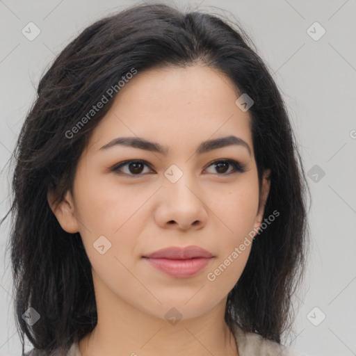 Joyful asian young-adult female with long  brown hair and brown eyes