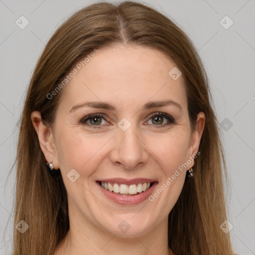 Joyful white young-adult female with long  brown hair and grey eyes