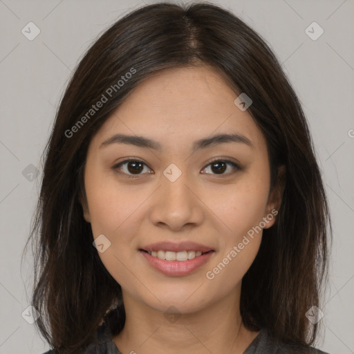 Joyful white young-adult female with long  brown hair and brown eyes