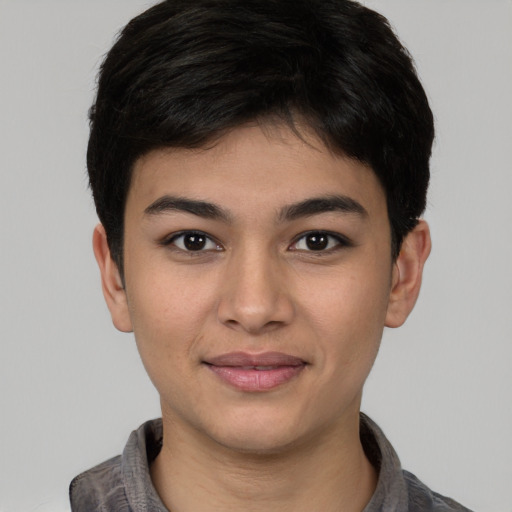 Joyful asian young-adult female with short  brown hair and brown eyes