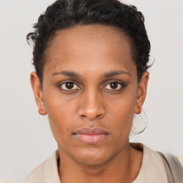 Neutral black young-adult female with short  brown hair and brown eyes