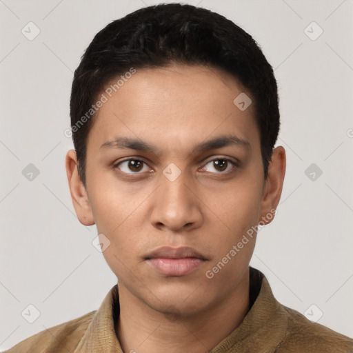 Neutral latino young-adult male with short  black hair and brown eyes