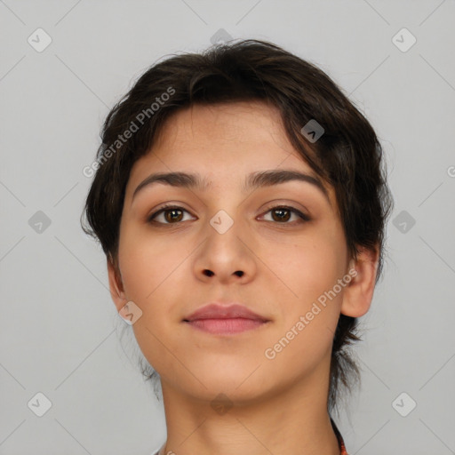 Neutral white young-adult female with medium  brown hair and brown eyes