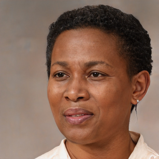 Joyful black adult female with short  black hair and brown eyes