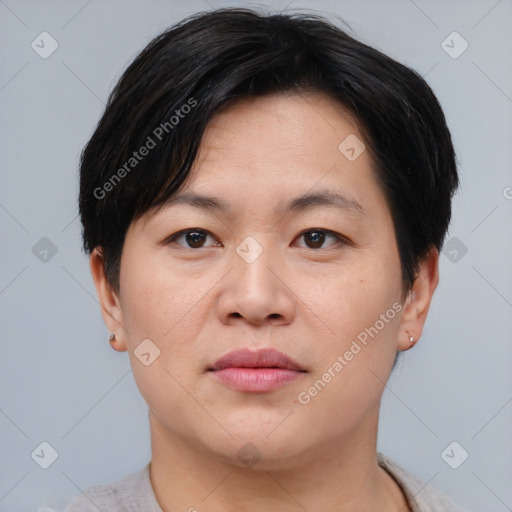 Neutral asian young-adult female with short  brown hair and brown eyes