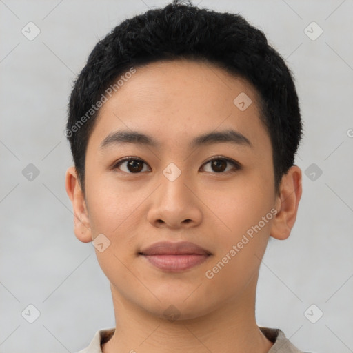 Neutral asian young-adult male with short  black hair and brown eyes