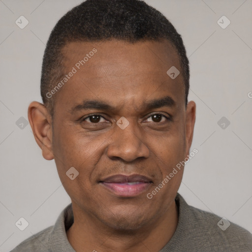 Joyful black adult male with short  brown hair and brown eyes