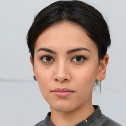 Neutral asian young-adult female with medium  brown hair and brown eyes