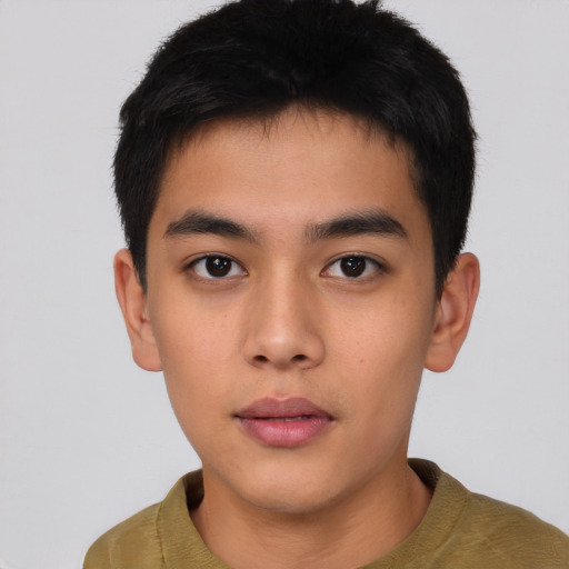 Neutral asian young-adult male with short  brown hair and brown eyes