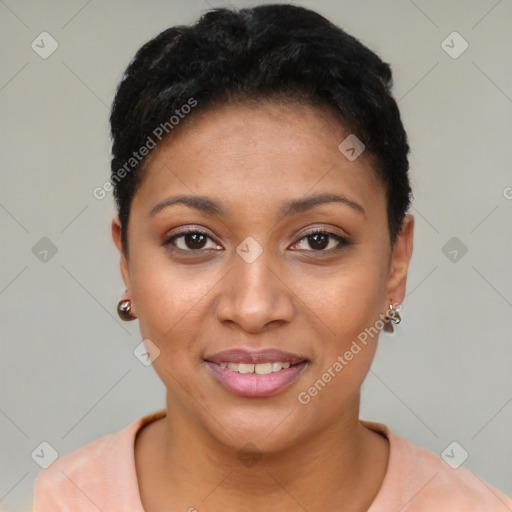 Joyful latino young-adult female with short  brown hair and brown eyes