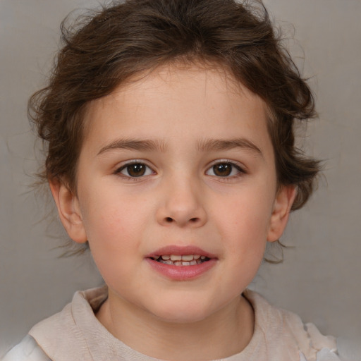 Joyful white child female with medium  brown hair and brown eyes