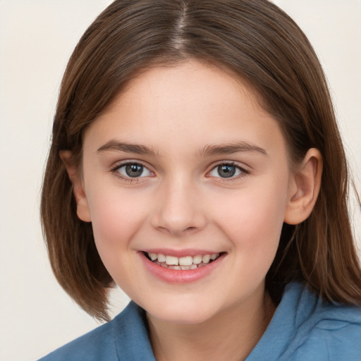 Joyful white child female with medium  brown hair and brown eyes