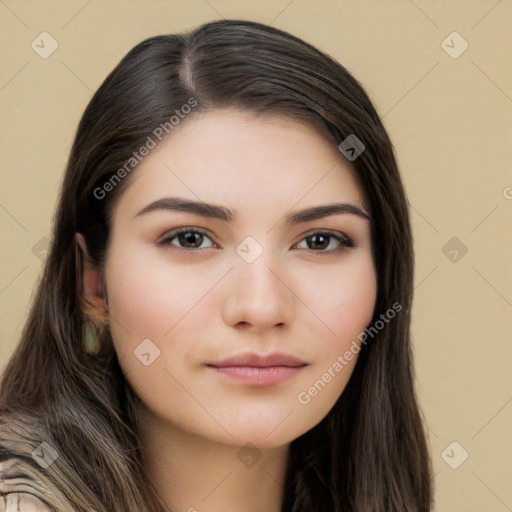 Neutral white young-adult female with long  brown hair and brown eyes