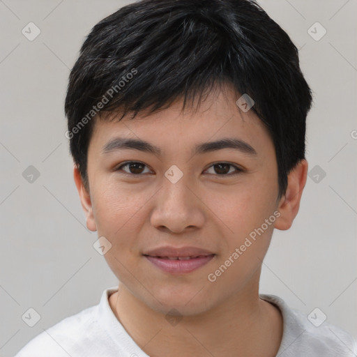 Joyful asian young-adult male with short  black hair and brown eyes