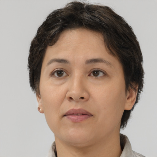 Neutral white adult female with short  brown hair and brown eyes